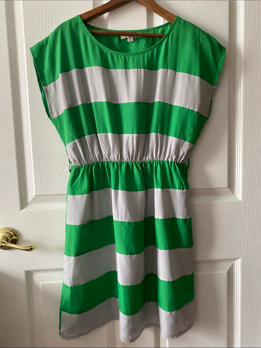 Ya Los Angeles Green and Light Gray Striped Elastic-Waist Mini Dress L